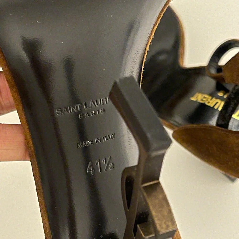 Saint Laurent Opyum Suede Logo Heel Sandals Brown 41.5 YSL Monogram Bronze - Picture 4 of 7